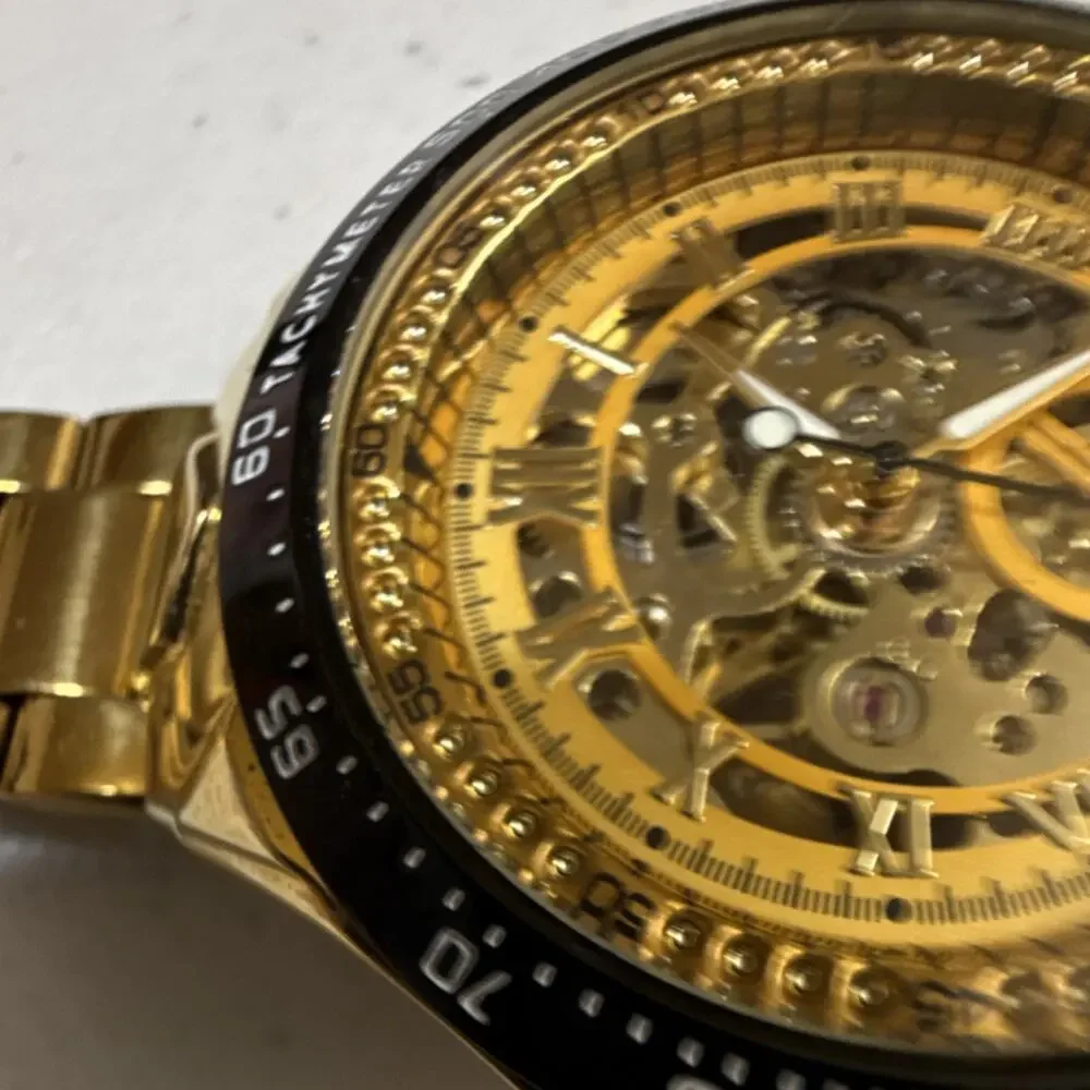Winner TM432 Men's Wristwatch Gold Skeleton Automatic Tachymeter (B18)